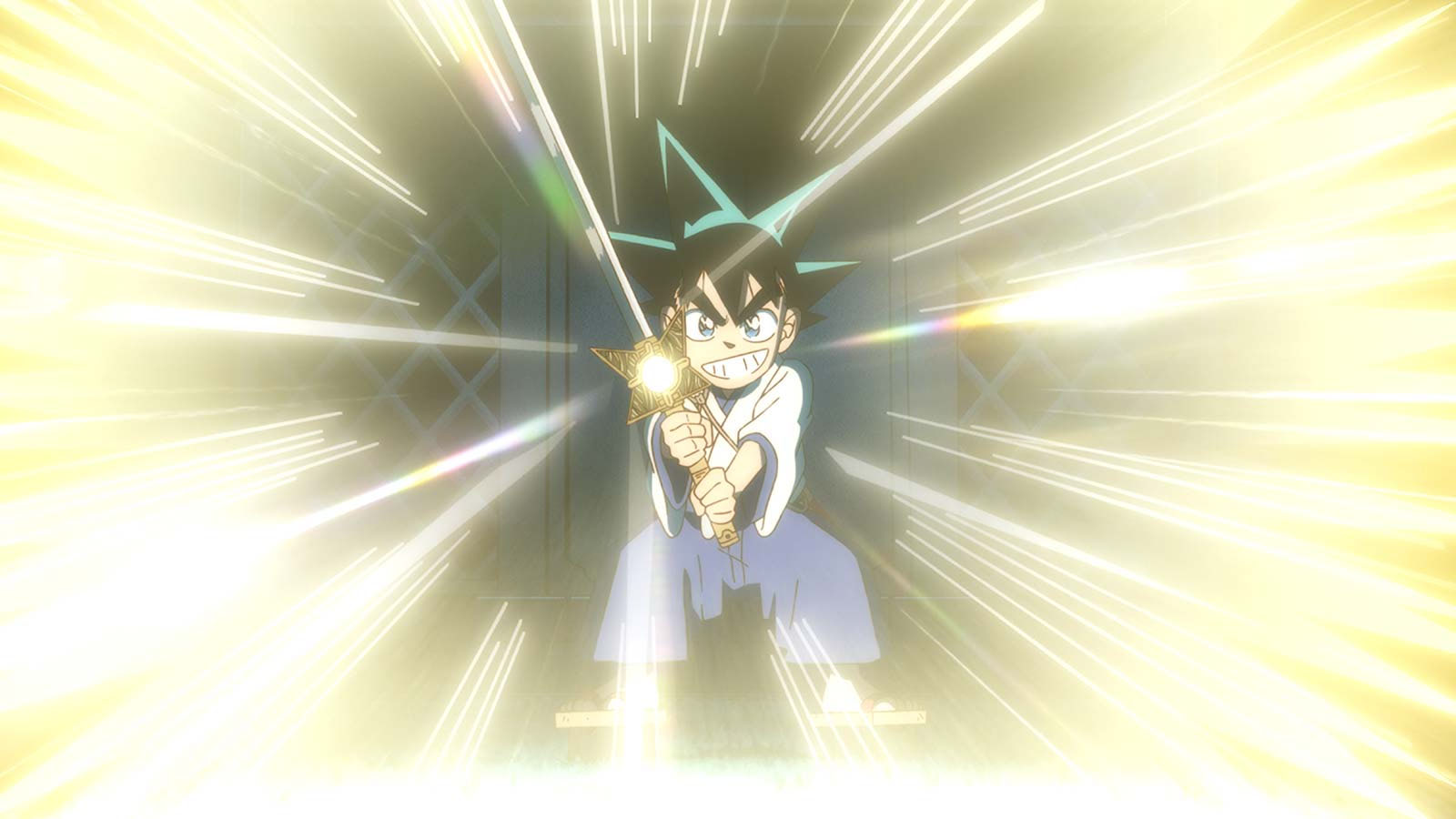 A YAIBA: Samurai Legend image showing Yaiba holding his magical sword Raijinken emitting a strong light from the center of its guard.