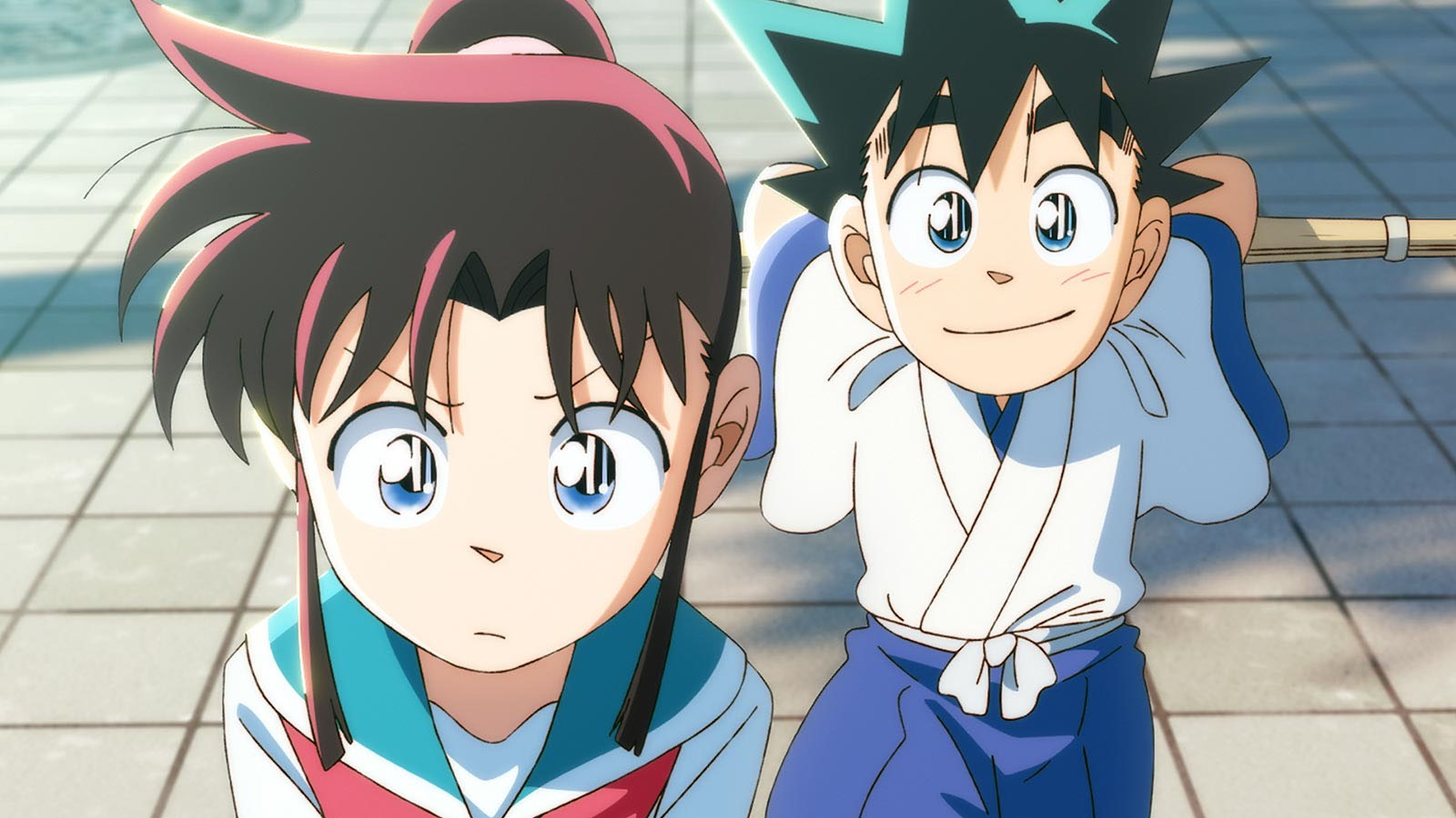 A YAIBA: Samurai Legend imagem showing Yaiba and Sayaka walking to school