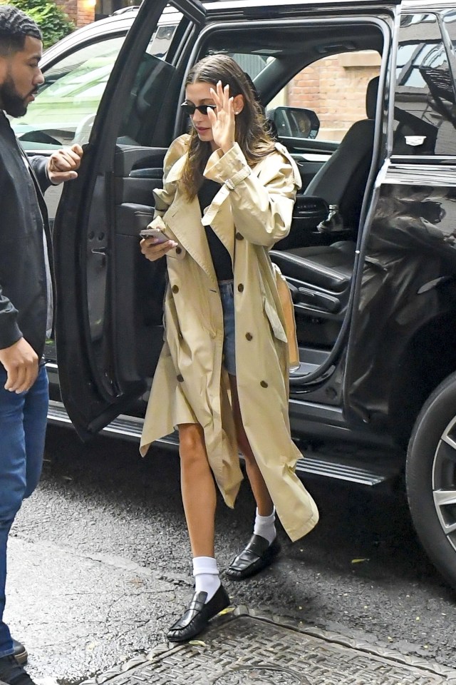 Hailey Bieber exiting a car in New York City.