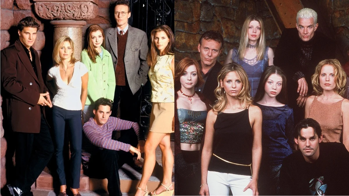 Left: The Buffy the Vampire Slayer cast from season 2 Right: The Buffy the Vampire Slayer cast from season 5.