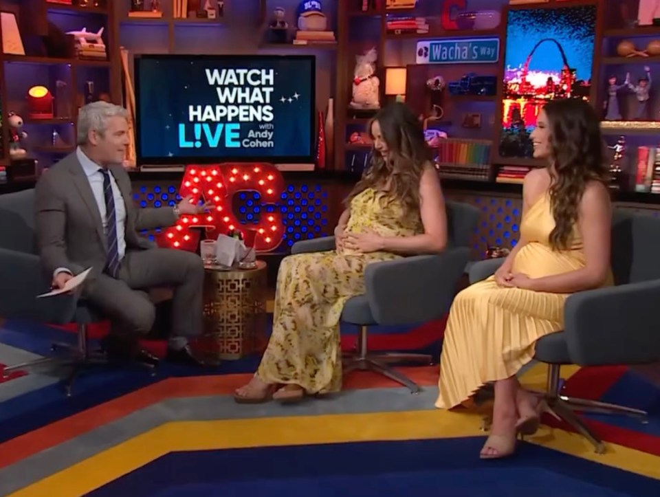 Two pregnant women and Andy Cohen on Watch What Happens Live.