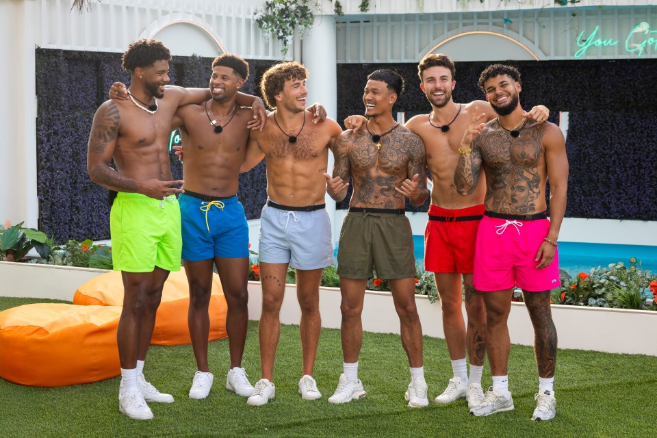 Six shirtless men smiling and standing together in swim trunks.