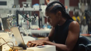 image of riri at MIT in ironheart sitting at a desk working