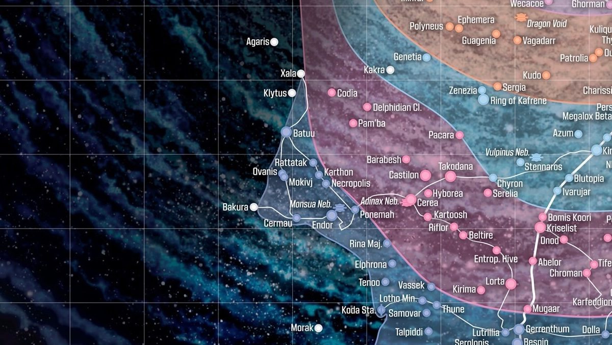 A star map for hundreds of planets and their territories for Star Wars zoomed in on Batuu