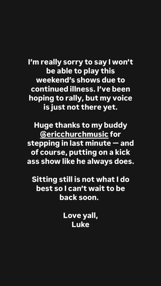 Luke Bryan's announcement of cancelled shows due to illness.