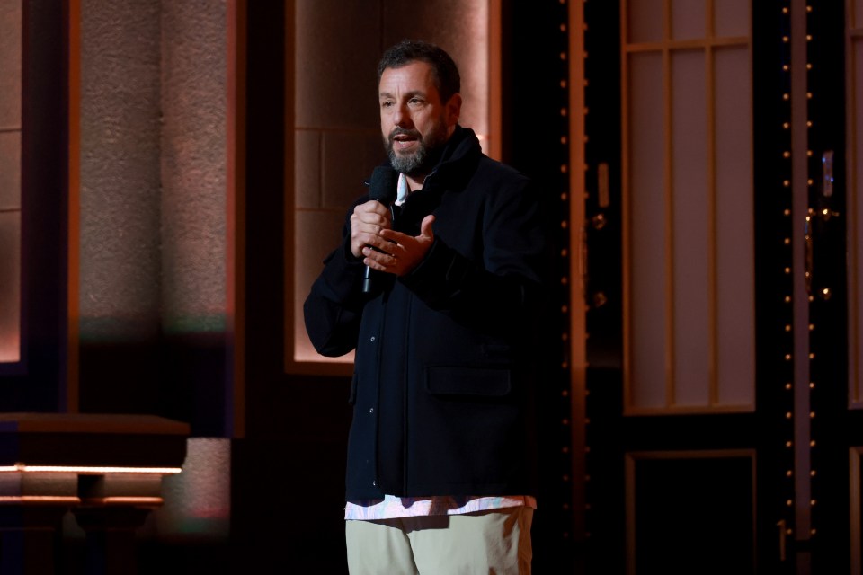 Adam Sandler speaking into a microphone.