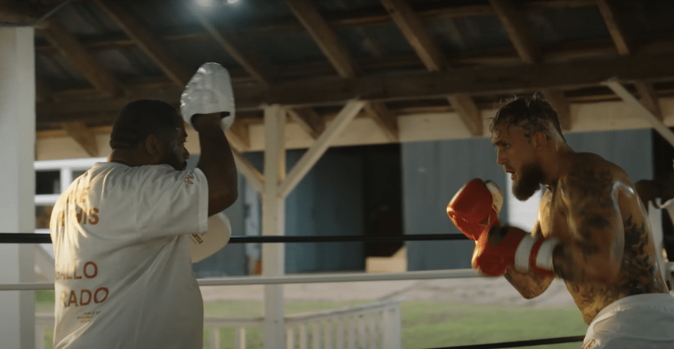 Two boxers training in a boxing ring.