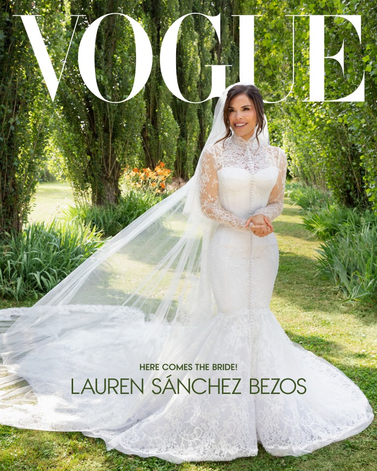 Lauren Sánchez Bezos in a wedding dress on the cover of Vogue.