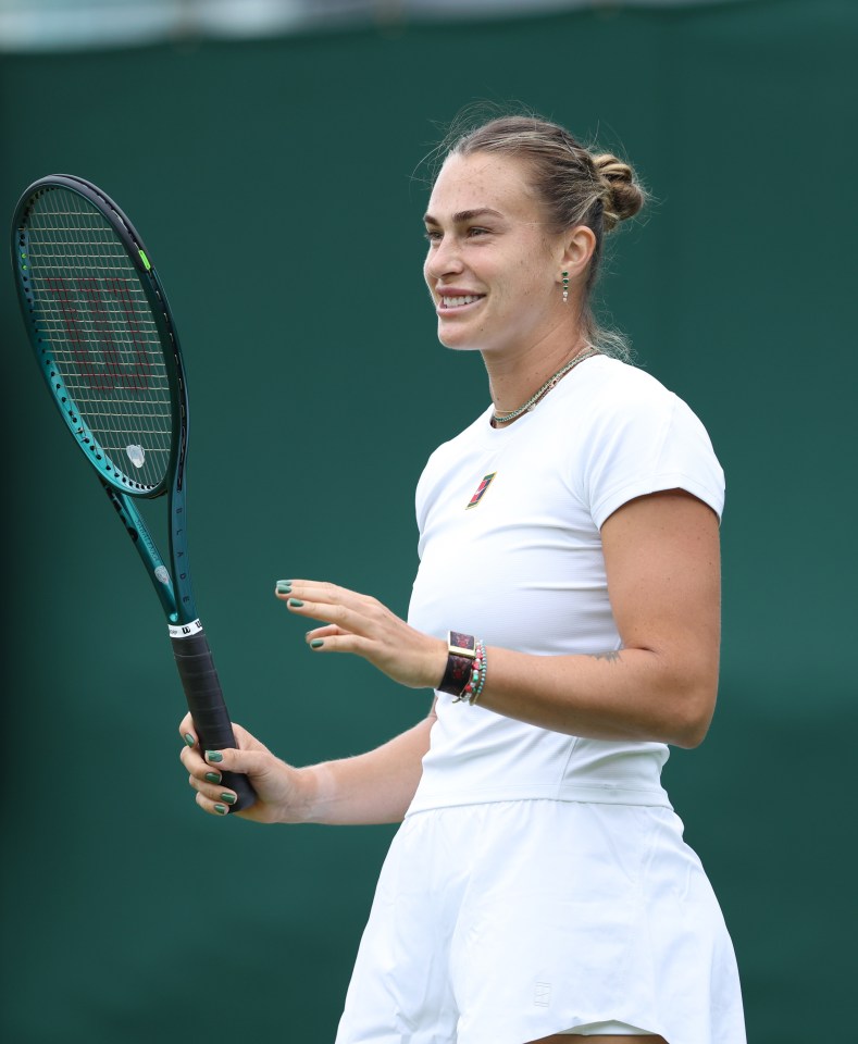 Aryna Sabalenka practicing at Wimbledon.
