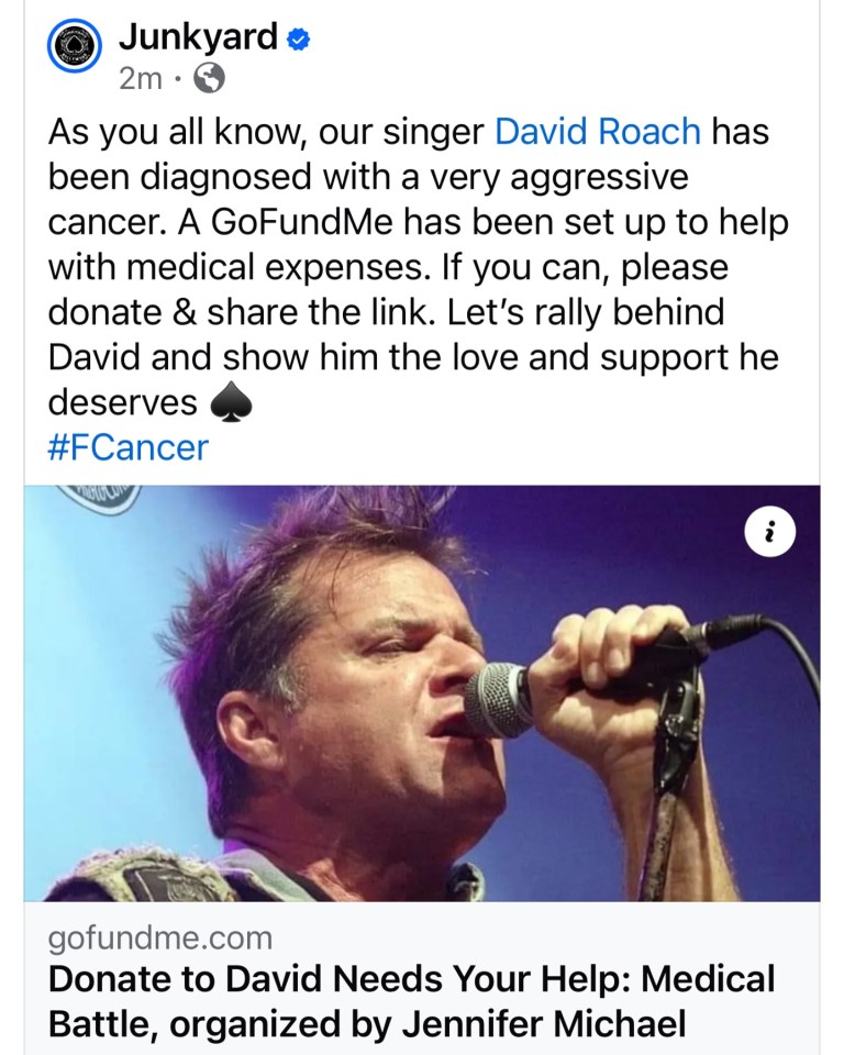 Photo of David Roach singing into a microphone; announcement of his cancer diagnosis and GoFundMe.