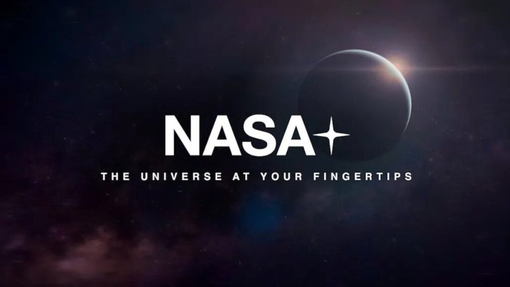 The NASA+ logo in white text on a background of space