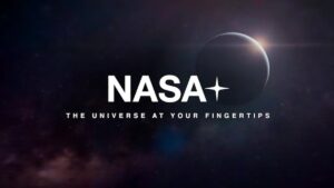The NASA+ logo in white text on a background of space