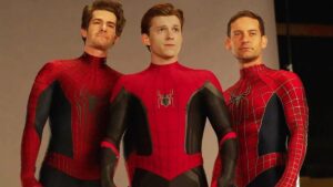 The three Peter Parkers from Spider-Man: No Way Home, from Left to Right: Andrew Garfield, Tom Holland, and Tobey Maguire.