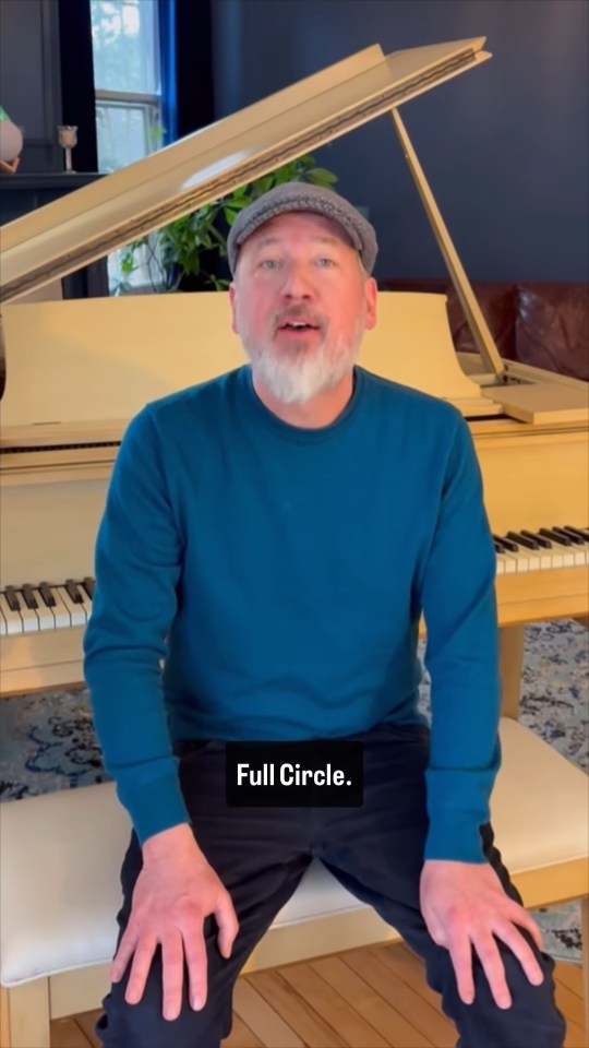 Justin Jeffre of 98 Degrees, seated at a piano, with text overlay "Full Circle."