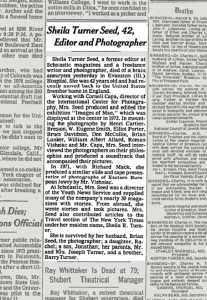 The New York Times obituary for Sheila Turner-Seed, published June 23, 1979