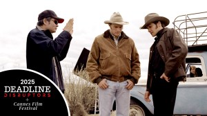 Director Ang Lee, Heath Ledger and Jake Gyllenhaal on the set of the movie Brokeback Mountain