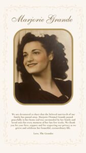 Photo of Marjorie Grande with announcement of her passing.