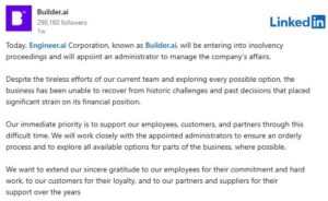 Builder.ai's statement declaring bankruptcy.