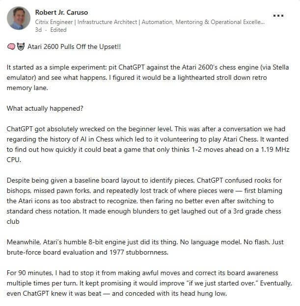 robert jr caruso linkedin post chess match between atari and chatgpt