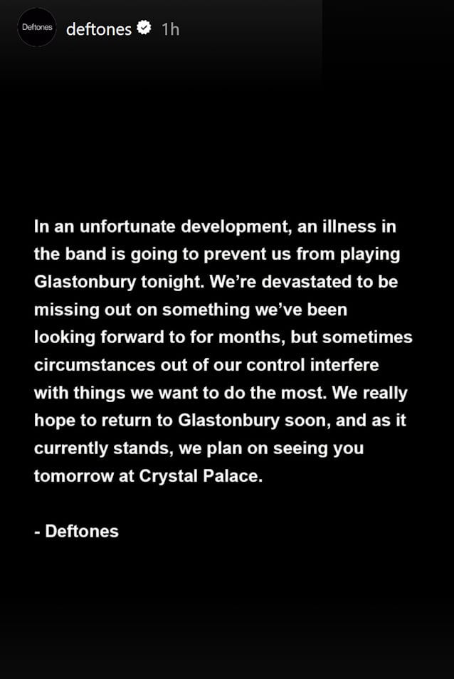 DEFTONES Cancel GLASTONBURY Festival Performance Due To 'An Illness In The Band'