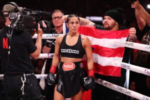 Amanda Serrano fights during LIVE On Netflix: Jake Paul vs. Mike Tyson at AT&T Stadium on November 15, 2024 in Arlington, Texas. (Photo by Al Bello/Getty Images for Netflix Â© 2024)