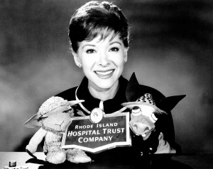 Shari Lewis, with Lamb Chop and Charlie Horse, raising funds for  the Rhode Island Hosptial Trust Company, circa early 1960s
