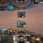 Screenshot from Magic The Gathering Arena featuring a field of digital play cards with two opponents facing each other with avatars of Sephiroth and Cloud