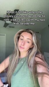 Woman describing experience renting a bike with her children using her Disney cast member ID.
