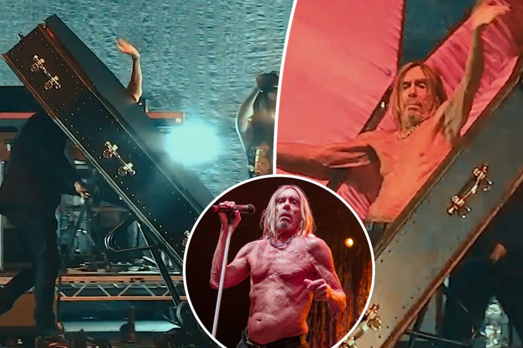 Iggy Pop hauled off stage in coffin during farewell concert
