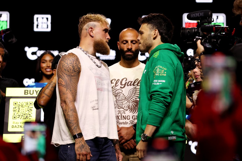Jake Paul and Julio Cesar Chavez Jr. face off at a press conference.