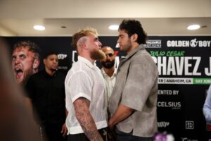 Jake Paul and Gilberto Zurdo Ramirez facing off.