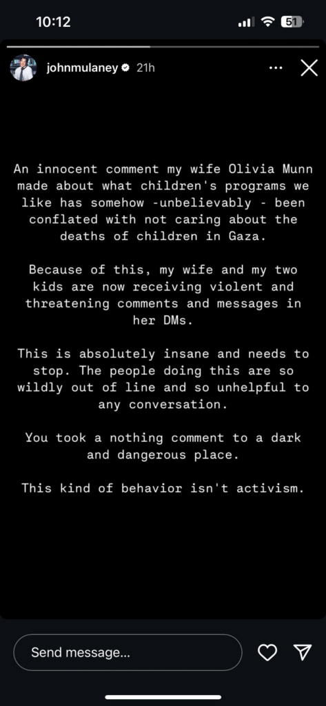 John Mulaney's slammed the criticism over Olivia Munn's Ms. Rachel comments in a June 11 Instagram Story .