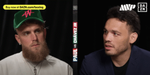Jake Paul and J. Chávez Jr. in a side-by-side promotional image for their boxing match.