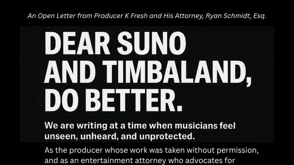 K Fresh open letter to timbaland and suno over music theft