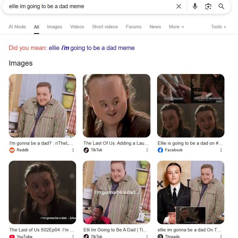 A Google result from searching ‘ellie im going to be a dad,’ in reference to a scene from The Last of Us season 2.