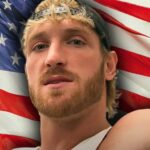 Logan Paul against a backdrop of the American flag.