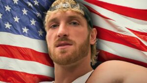 Logan Paul against a backdrop of the American flag.