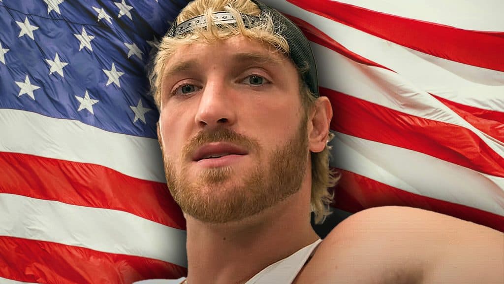 Logan Paul against a backdrop of the American flag.