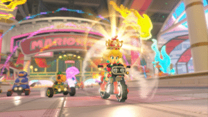 A screenshot from the video game Mario Kart World.