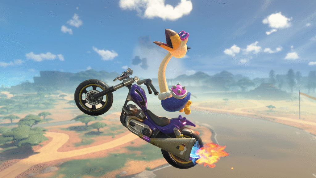 A screenshot from the video game Mario Kart World.