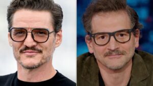 Pedro Pascal (left) and George Gountas, the lighting designer for “The Daily Show,” and the winner of a New York-based Pedro Pascal lookalike contest.