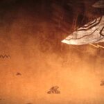 An animated shot from the closing credits of Prey, with a stylized Native woman and her dog looking up at the clouds as a spaceship emerges