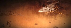 An animated shot from the closing credits of Prey, with a stylized Native woman and her dog looking up at the clouds as a spaceship emerges