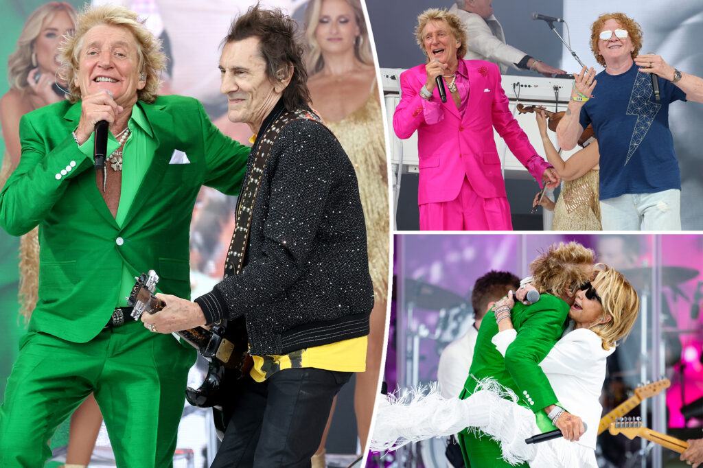 Rod Stewart brings out Ronnie Wood for Glastonbury Festival performance