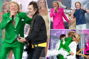Rod Stewart brings out Ronnie Wood for Glastonbury Festival performance