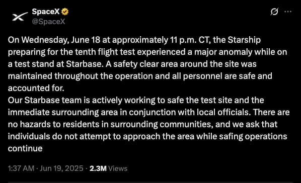 SpaceX comment after explosion