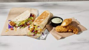 Chicken strips, taco, and burrito