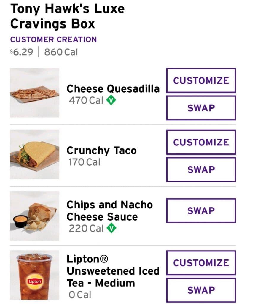 Taco Bell tony hawk meal