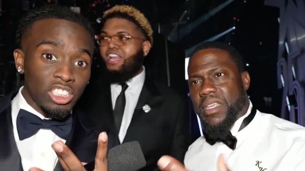 A photo of Kai Cenat, Druski and Kevin Hart at the BET Awards.