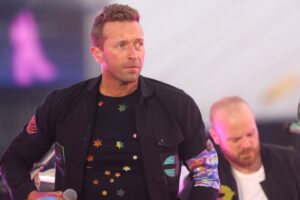 Chris Martin of Coldplay performing at the Brit Awards.